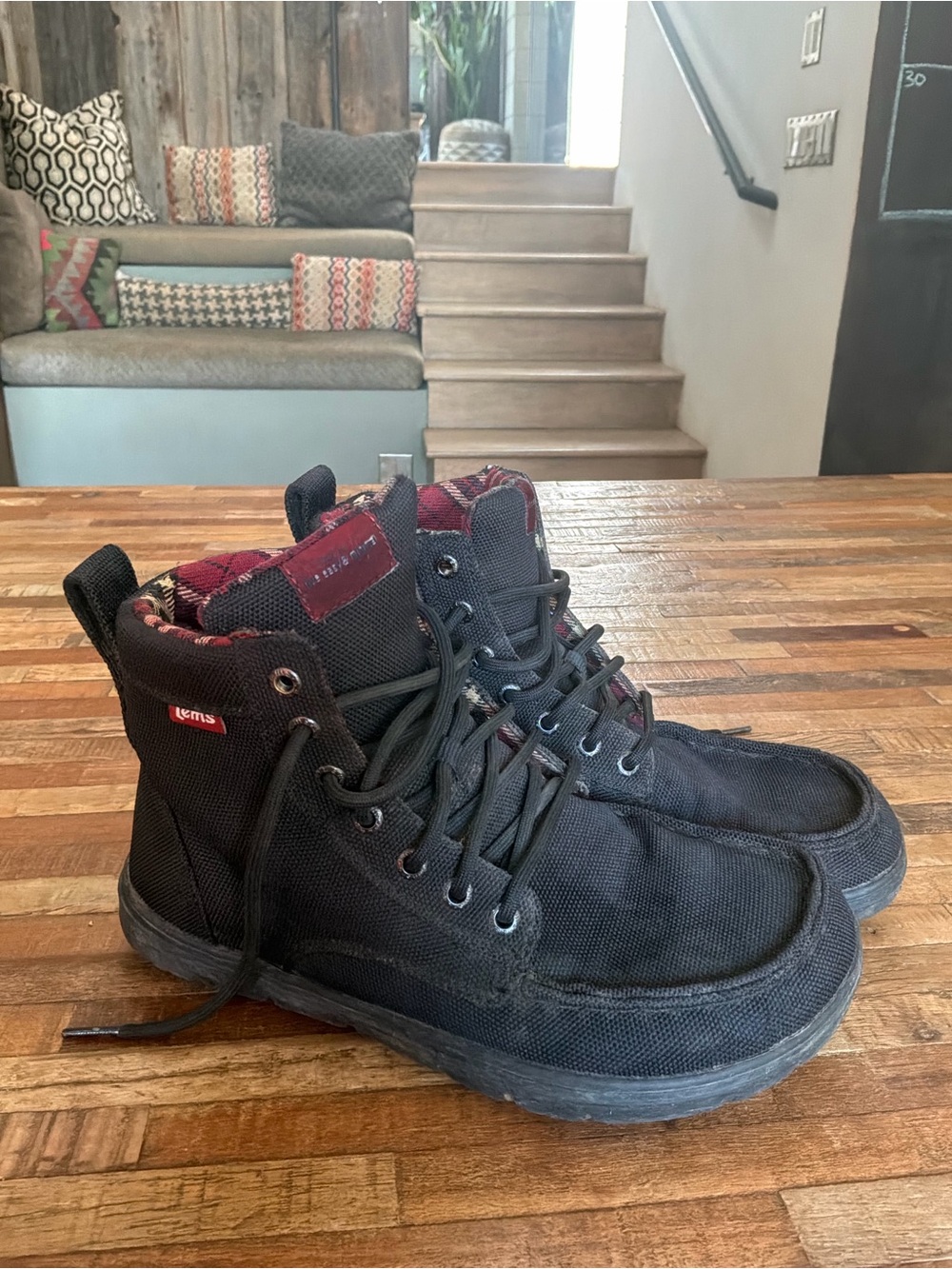 Canvas High-Top Boots in Black with Red Plaid Lining